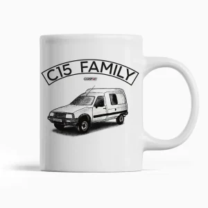 Mug Humour C15 Family | en Céramique, Blanc Brillant | imprimé des 2 côtés | idée cadeau fan voiture Citroën