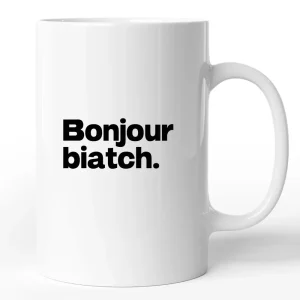 Mug drôle Bonjour Biatch | idée cadeau humoristique | tasse céramique blanc brillant, marqué des 2 côtés