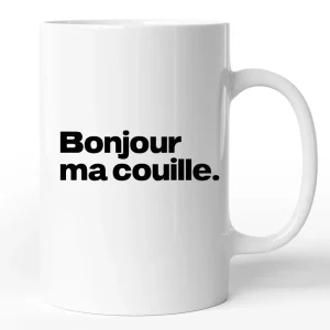 Mug drôle Bonjour ma couille | idée cadeau humoristique | tasse céramique blanc brillant, marqué des 2 côtés