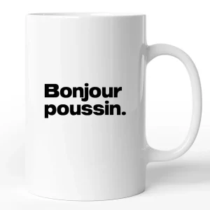 Mug drôle Bonjour poussin | idée cadeau humoristique | tasse céramique blanc brillant, marqué des 2 côtés