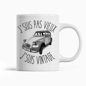Mug humour 2 cv J'suis pas vieux j'suis vintage | en Céramique, Blanc Brillant | imprimé des 2 côtés | idée cadeau fan voiture renault