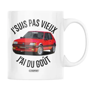 Mug drôle youngtimers 205 Gti | j'suis pas vieux j'ai du goût | en Céramique, Blanc Brillant | imprimé des 2 côtés | idée cadeau fan voiture ancienne youngtimer