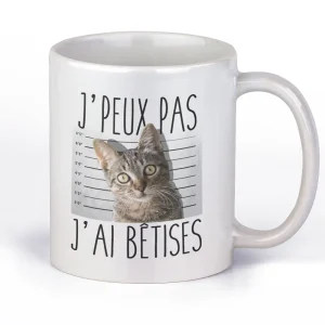 Mug Chat humoristique, j'peux pas j'ai bêtises, en céramique, Blanc Brillant, imprimé des 2 côtés