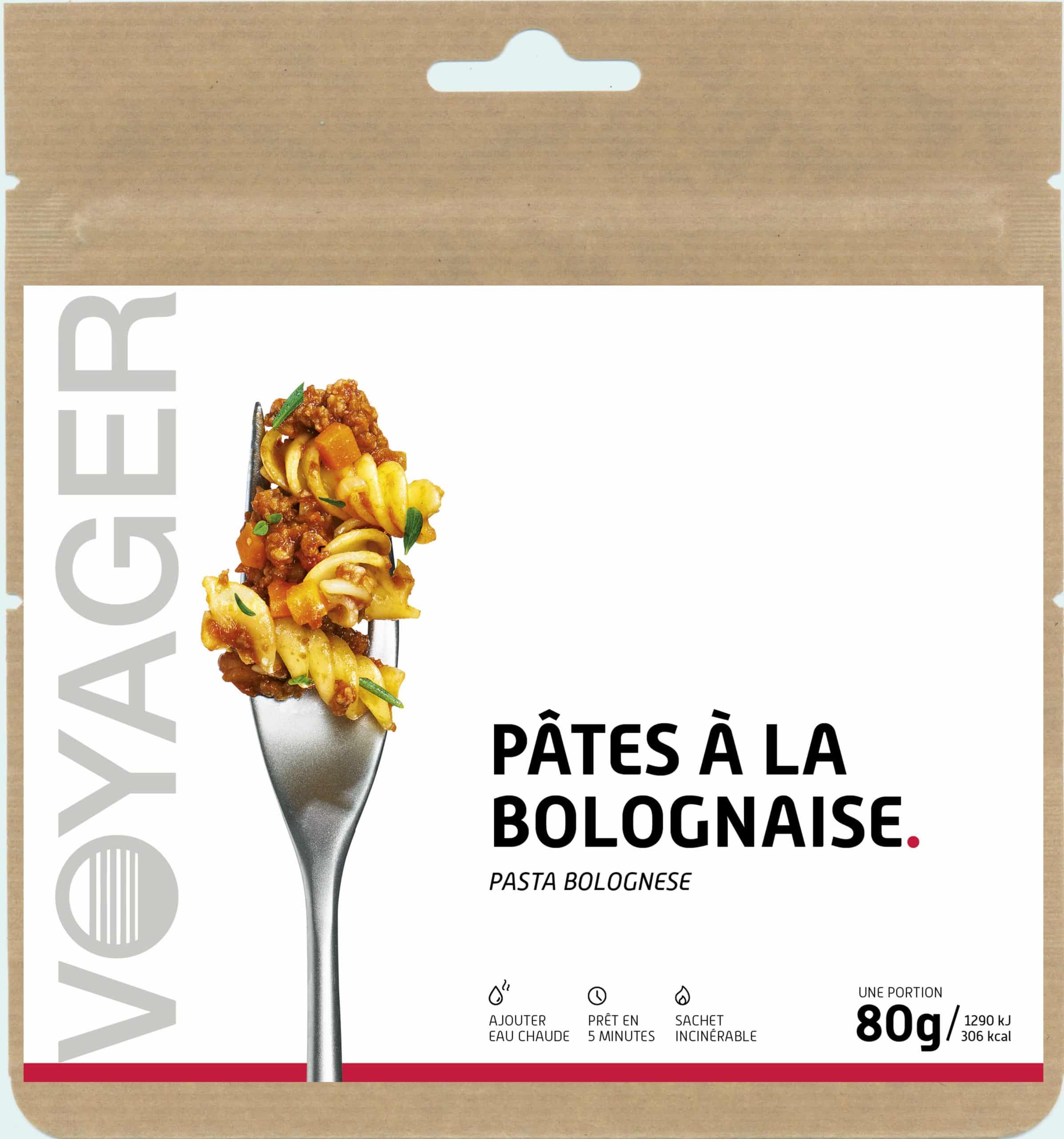 Plat lyophilisé camping randonnée – Pâtes à la Bolognaise 80 g – Voyager