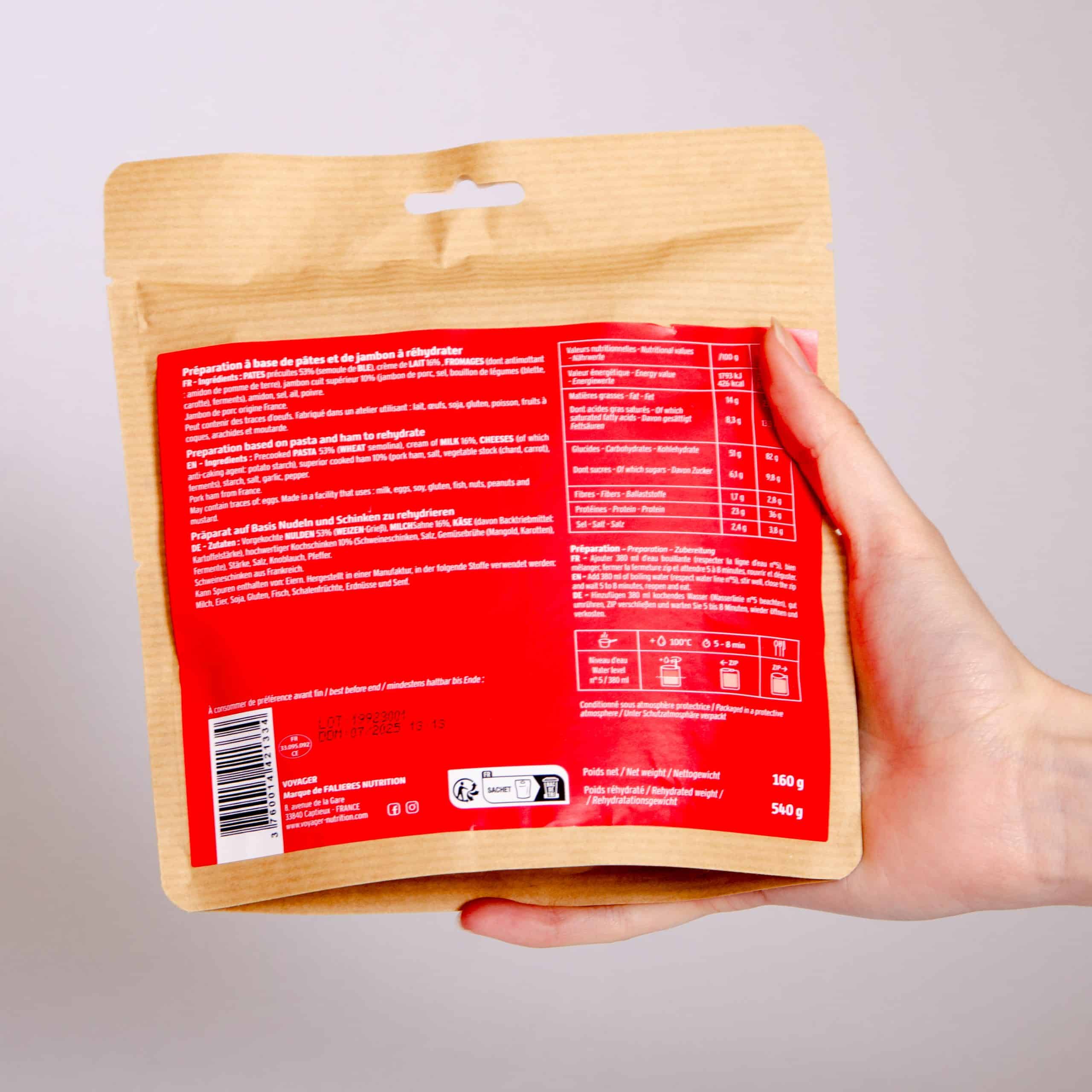 Plat lyophilisé écologique treck randonnée – Pâtes au jambon façon Carbonara 160 g – Voyager – Image 3