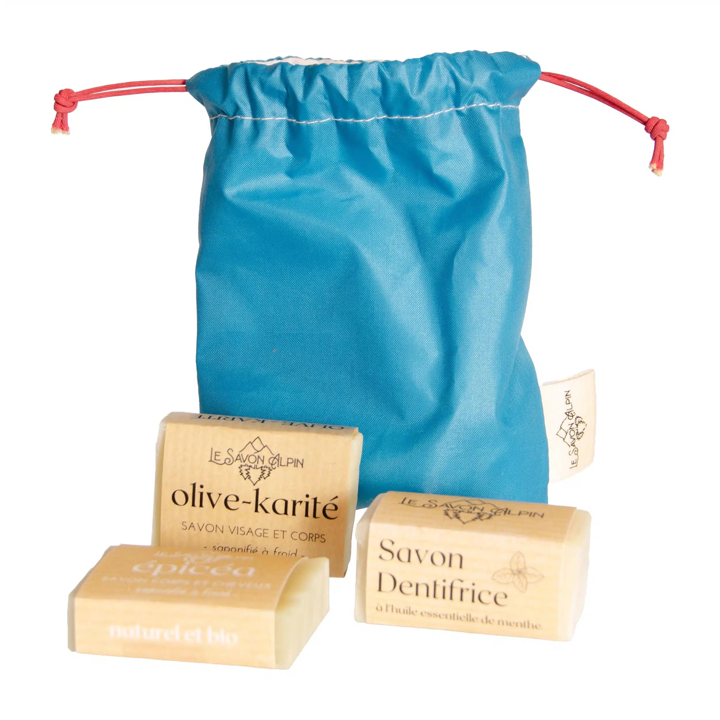 Trousse de toilette randonnée, kit de toilette écologique – sac upcyclé – Le Savon Alpin
