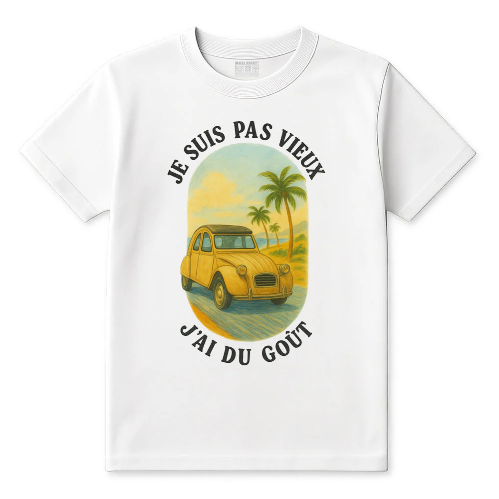 T-Shirt 2CV je suis pas vieux j'ai du goût, 100% coton, blanc, coupe classique