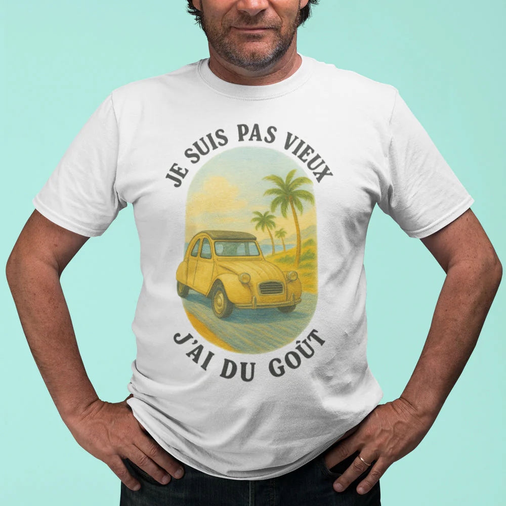 T-Shirt 2CV je suis pas vieux j'ai du goût, 100% coton, blanc, coupe classique – Image 3