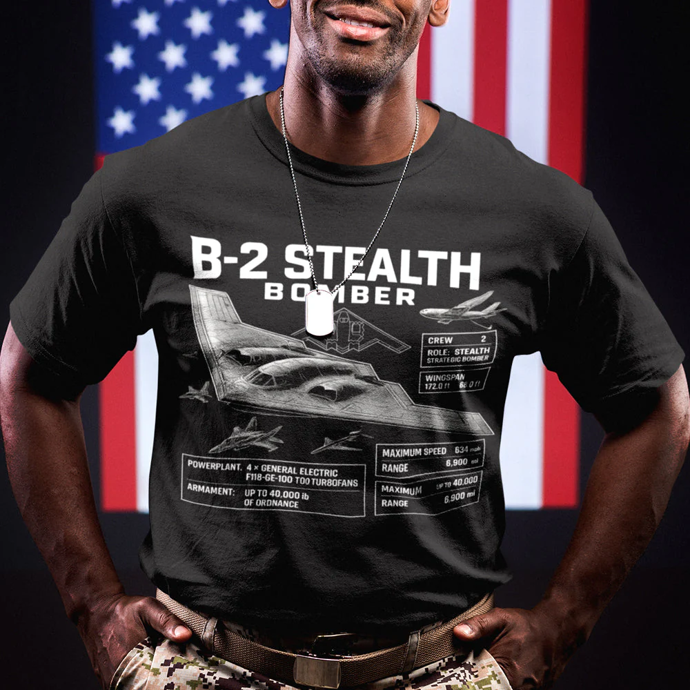 T-shirt Avion Américain armée B-2 Stealth Bomber, Graphique Militaire, Noir – Image 2