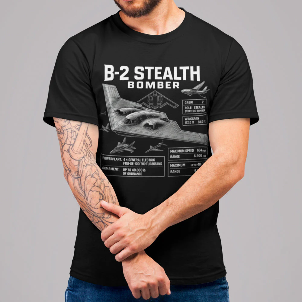 T-shirt Avion Américain armée B-2 Stealth Bomber, Graphique Militaire, Noir – Image 3