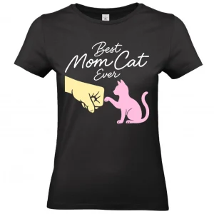 T-Shirt Best Mom Cat Ever, Fist Bump Chat Rose, Femme, Noir, Slim fit