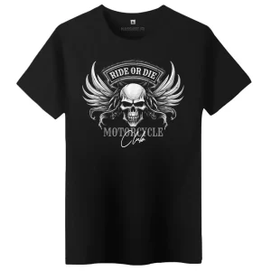 T-Shirt Biker Ride or Die Skull Wings pour Motard | 100% coton bio, coupe régulière | doux et confortable