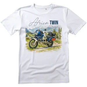 T-Shirt Blanc Africa Twin, Moto Adventure avec Paysage de Montagne, Graphique Aquarelle